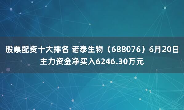 股票配资十大排名 诺泰生物（688076）6月20日主力资金净买入6246.30万元